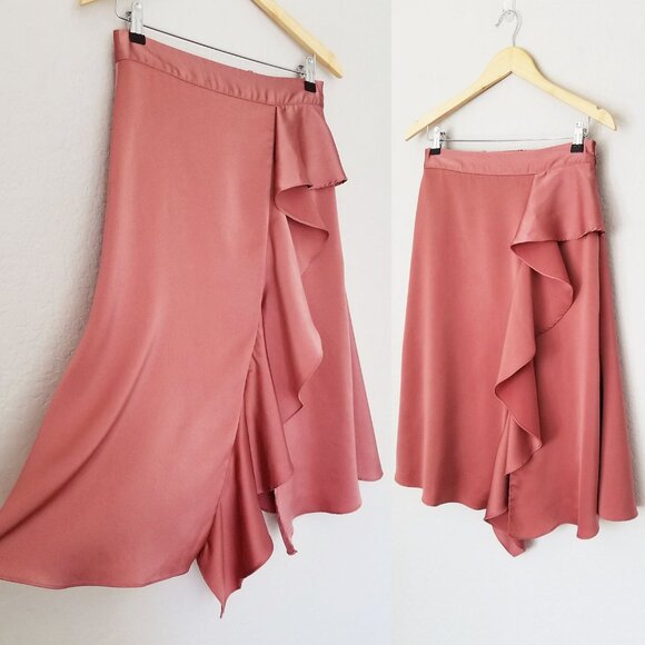 Zara Sateen Silk Satin Asymmetric Ruffle Midi Skirt Mauve Pink Size M Romantic - Picture 14 of 15